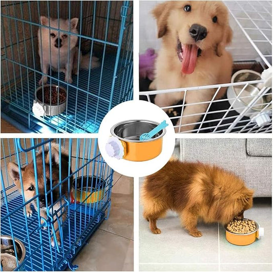 Hamiledyi 2-Pack Hanging Dog Bowls with Removable Stainless Steel Feeder - Spill-Proof Crate Bowls for Kennel/Cage, Puppy to Medium Dogs, Cats, Rabbits & Guinea Pigs (Durable Pet Food & Water Dishes)