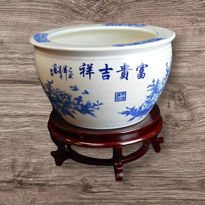 16" Porcelain Blue and White Fishbowl. Fish Bowl Flower Chinese (Blue Flower)