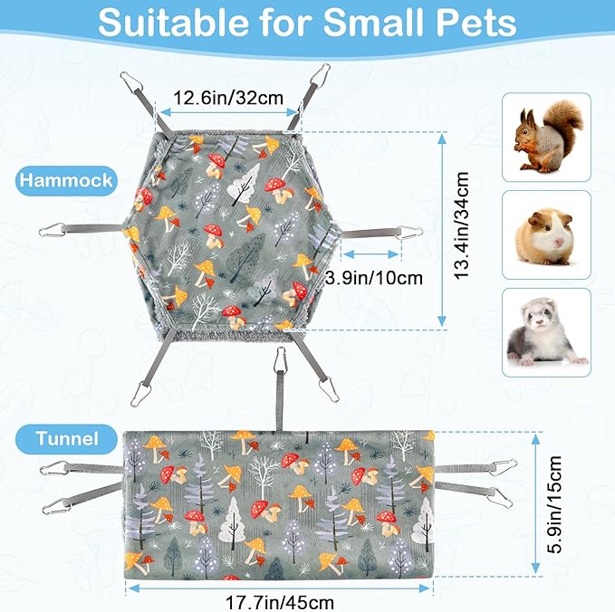 Bienbee 2 Pcs Ferret Rat Hammock Set for Cage Washable Guinea Pig Hideout Bed Soft Small Animal Hammock Tunnel Toys Ferret Cage Accessories for Hedgehog Sugar Glider Squirrel Hamster, Grey Mushroom