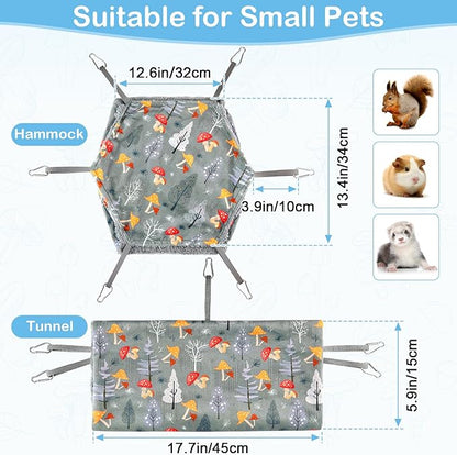 Bienbee 2 Pcs Ferret Rat Hammock Set for Cage Washable Guinea Pig Hideout Bed Soft Small Animal Hammock Tunnel Toys Ferret Cage Accessories for Hedgehog Sugar Glider Squirrel Hamster, Grey Mushroom