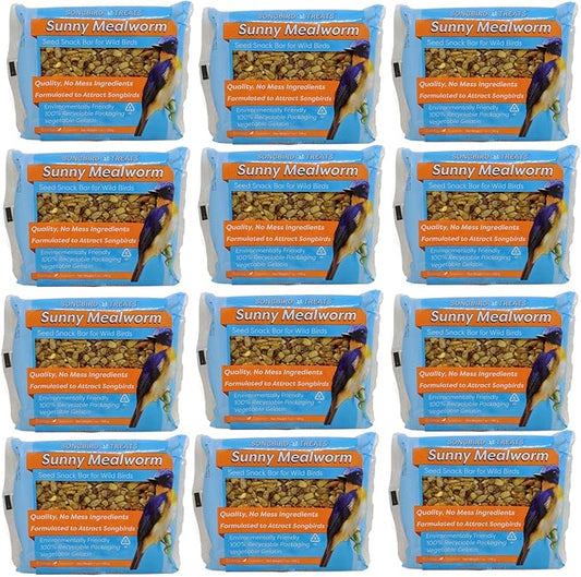 Songbird Treats Seed Bars | 12 Pack of 7 oz Bird Seed Cakes for Wild Birds (Sunny Mealworm)