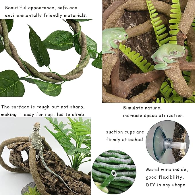 kathson Lizard Coco Den with Ladder, Reptile Hideouts Gecko Coconut Husk Hut with Artificial Bendable Jungle Climbing Vines for Chameleon, Lizards, Gecko, Snakes to Hide Perch and Play