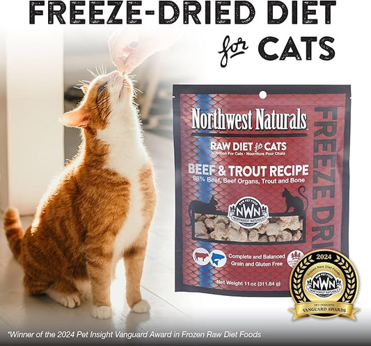 Northwest Naturals Freeze-Dried Beef & Trout Cat & Kitten Food, Bite-Sized Nibbles, Healthy, Limited, Human-Grade Ingredients, All-Natural, High-Protein Raw Diet, Complete & Balanced, Grain-Free 11 oz
