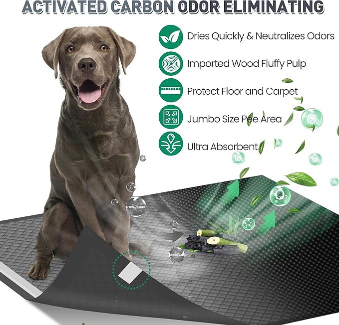 Boscute Charcoal Super Absorbency Puppy Pads, Activated Carbon Odor-Control XL 28"x34" Leak-Proof Pet Training Pee Pads, Disposable Potty Pads for Dogs Cats, Rabbits
