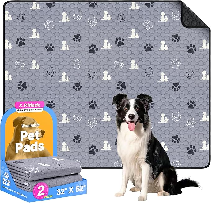 Washable Pee Pads for Dogs, 2 Pack Reusable Puppy Pads, Waterproof Pet Pee Pads for Dog Potty Training, Extra Large Dog Pee Pads for Crate, Playpen, and Whelping, Durable and Absorbent, Grey 32"x52"
