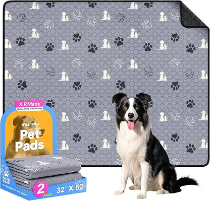 Washable Pee Pads for Dogs, 2 Pack Reusable Puppy Pads, Waterproof Pet Pee Pads for Dog Potty Training, Extra Large Dog Pee Pads for Crate, Playpen, and Whelping, Durable and Absorbent, Grey 32"x52"