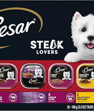 Cesar Wet Dog Food Steak Lovers Variety Pack with Real Meat, 3.5 oz. Trays (36 Count, Pack of 1)