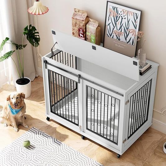 IchbinGo Large Dog Crate Furniture, 47" Wooden Dog Kennel with Sliding Barn Door, Flip-Top Lid & Wheels, Indoor Pet Crate Table with Detachable Divider for Small/Medium/Large Dogs (White)
