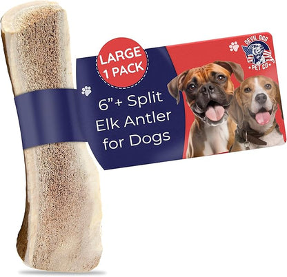 Devil Dog Pet Co. Split Elk Antlers for Dogs, Large 6"+, 1 Pack, Grade A Long Lasting Chew for Aggressive Chewers, Premium USA Naturally Shed Antler – Healthy, No Odor, Durable Dog Chew