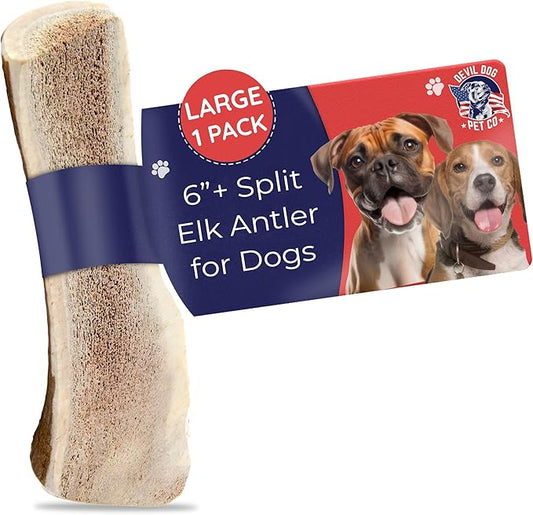 Devil Dog Pet Co. Split Elk Antlers for Dogs, Large 6"+, 1 Pack, Grade A Long Lasting Chew for Aggressive Chewers, Premium USA Naturally Shed Antler – Healthy, No Odor, Durable Dog Chew