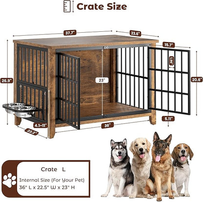 Lulive Wooden Dog Crate Furniture, Large Dog Kennel Indoor with 360°& Adjustable Raised Dog Bowls, Double Doors Furniture Dog Crates End Table for Large/Medium Dogs 37.8" L*23.6" W*27" H, Brown