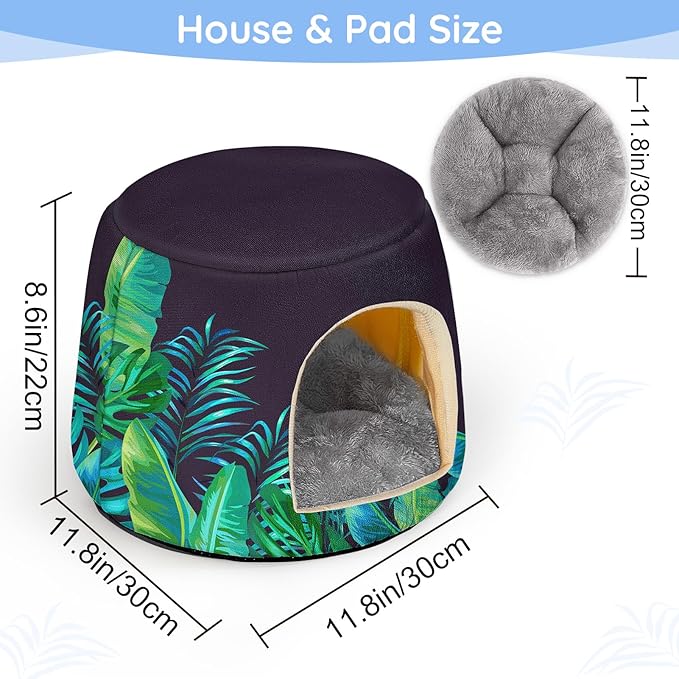 Glittme Guinea Pig Hideout,2 in 1 Guinea Pig Bed with Removable Pad, Washable Bunny Bed,Rabbit,Leaves