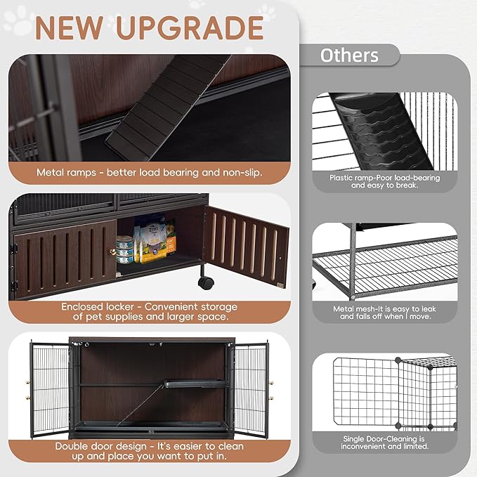 HABUTWAY 36.5''H Metal Large Ferret Cage, Rolling Chinchilla Cage with Removable Ramps& Double Door, Critter Nation Cage with Locker, Indoor Wooden Pet Crate Furniture