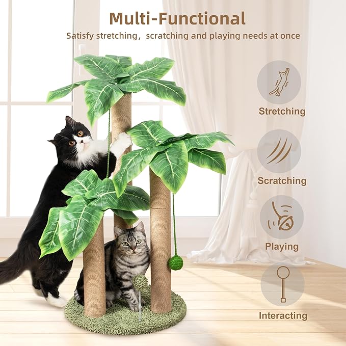 Cat Scratching Post 31.5" Palm Tree Cute Cat Tree with 3 Scratching Poles Sisal Hanging Balls Cat Scratcher for Kitten and Adult Cats