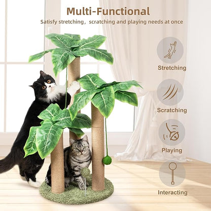 Cat Scratching Post 31.5" Palm Tree Cute Cat Tree with 3 Scratching Poles Sisal Hanging Balls Cat Scratcher for Kitten and Adult Cats