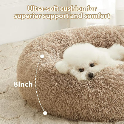 WNPETHOME Calming Dog Bed & Cat Bed, Anti-Anxiety Donut Small Dog Beds, Fluffy Faux Fur Cat Cushion Dogs Bed for Small Dogs and Pet (24 x 24 Inch, Brown)