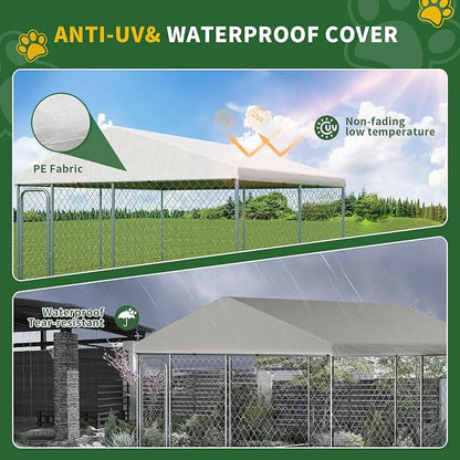 LotFun Large Outdoor Dog Kennel, 10 x 10 FT Heavy Duty Dog Enclosure with Chain Link Fence, UV-Resistant Canopy Cover, Double Lock Security (10 x 10 x 6 in)