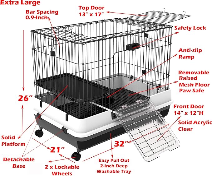 X-Large Deluxe 2-Level in/Outdoor Rabbit Hutch Cage for Ferret Squirrel Chinchilla Solid Platform Ramp Mesh Floor Deep 2-Inch Leakproof Easy Clean Deep Tray Large Access Doors Lockable Casters