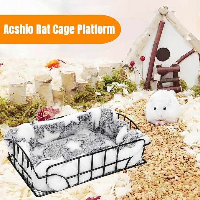 Rat Cage Platform, Metal Basket Rat Hammock with Mat, Hanging Chew Proof Squirrel Cage Bed Platform Accessories, Small Animal Habitat for Hamster, Hedgehog, Chinchilla Pig, Black