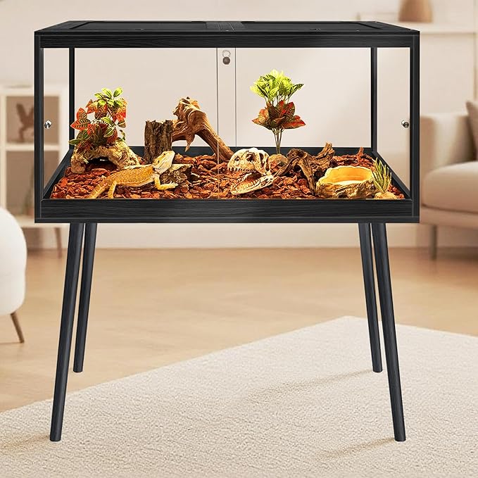 Prolee Bearded Dragon Tank with Leg,Tempered Glass Lizard Tanks and Reptile Enclosure,Up to 78 Gallon Reptile Tank with Metal Mesh and Lockable Door for Spacious Snakes and Chameleon(Black,32inch)