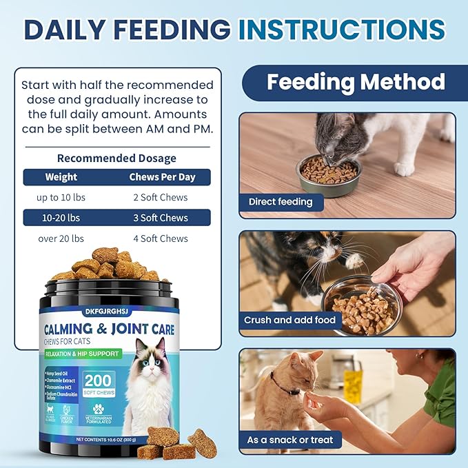 Cat Calming Treats, 200 Hemp Soft Chews Cat Calming Treats for Anxiety Relief with Glucosamine Hip & Joint Support Calming Chews for Cats Anxiety Stress Chicken Flavor