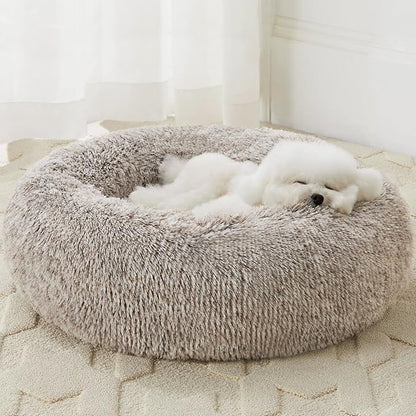 WNPETHOME Calming Dog Bed & Cat Bed, Anti-Anxiety Donut Small Dog Bed, Fluffy Faux Fur Cats Cushion Puppy Bed for Small Pets and Cats (24 x 24 inch, Light Coffee)