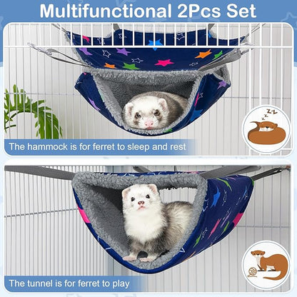 Bienbee 2 Pcs Ferret Rat Hammock Set for Cage Washable Guinea Pig Hideout Bed Soft Small Animal Hammock Tunnel Toys Ferret Cage Accessories for Hedgehog Sugar Glider Squirrel Hamster, Blue Stars