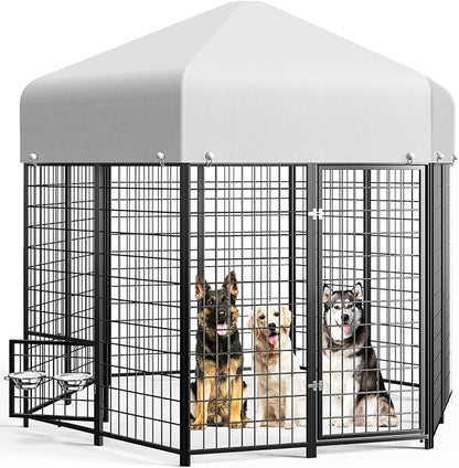 Outdoor Dog Kennel with Roof, Weatherproof Large Dog Kennel Outside with Swivel Feeders & Removable Doggy Door, Heavy Duty Hexagon Dog Run Pet Gazebo for Large Dogs (7.4'Lx7.4'Wx6.4'H)