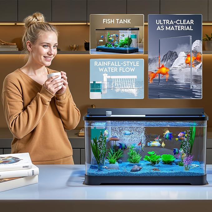 LED Aquarium Fish Tank Kit,（Light + Filter + Green Plants + Blue Sand + Pineapple Houses + Shells） Black, 4.5 Gallon (Now)