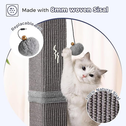 Large Cat Scratching Post with Heavy Duty Base 33" Sturdy Square Sisal Scracher Post and 2 Interactive Hanging Balls for Big Cats-Grey