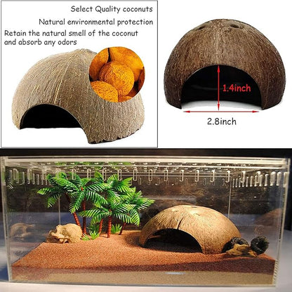 kathson Lizard Coco Den with Ladder, Reptile Hideouts Gecko Coconut Husk Hut with Artificial Bendable Jungle Climbing Vines for Chameleon, Lizards, Gecko, Snakes