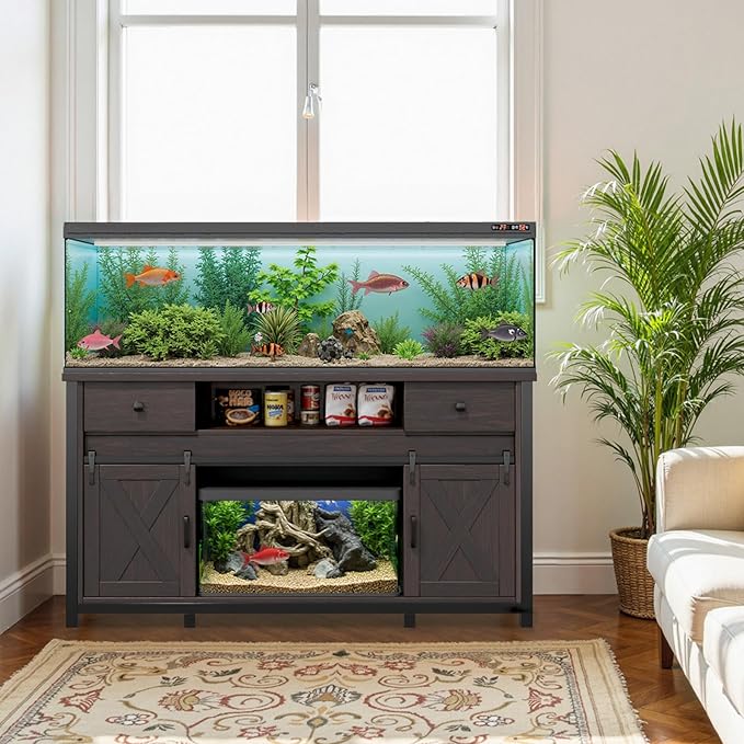 Miereirl 75-120 Gallon Fish Tank Stand with Power Outlet – Heavy Duty Aquarium Stand, Rustic Farmhouse Style, 1000 lb Capacity, Adjustable Storage & Sliding Barn Doors, Dark Brown