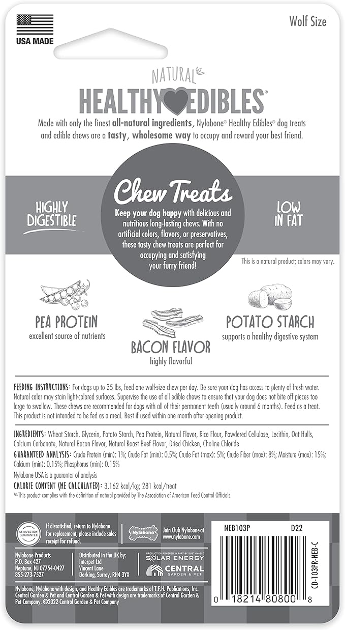 Nylabone Healthy Edibles Natural Dog Chews Long Lasting Bacon Flavor Treats for Dogs, Medium/Wolf (1 Count)