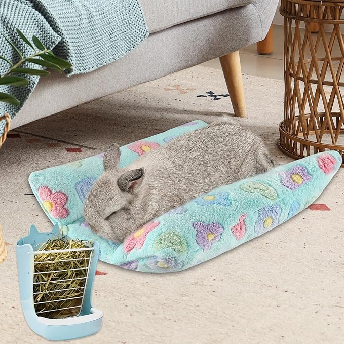 15.7X14 Inch Rabbit Bed, Padded Concave Bed for Small Animals, Cuddle Cushion Plush Mat with Cotton Lounger Pillows for Guinea Pigs, Hamsters, Rabbits, Rats and Bearded Dragons (Blue)