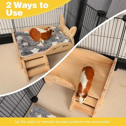 Rypet Wooden Guinea Pig Bed with Stairs and Mat Cozy Small Animals Cushion Bed Detachable Small Pet Hut Habitats for Guinea Pig Dwarf Rabbit Chinchillas Hamster Ferret