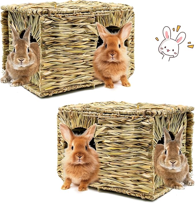BWOGUE Extra Large Grass House for Rabbits,Hand Crafted Natural Grass Hideaway Foldable Bed Hut with Openings Playhouse for Bunny Guinea Pig Chinchilla Ferret for Play and Sleep(2 Pack)
