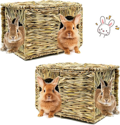 BWOGUE Extra Large Grass House for Rabbits,Hand Crafted Natural Grass Hideaway Foldable Bed Hut with Openings Playhouse for Bunny Guinea Pig Chinchilla Ferret for Play and Sleep(2 Pack)