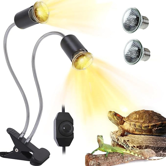 Reptile Heat Lamp with Dual Head, UVA UVB Light for Aquarium Turtle Tank, with 2 * 50w Basking Bulb and 360° Swivel Clamp Stand for Tortoise, Snake, Frog, Lizard. Halogen, Yellow Light