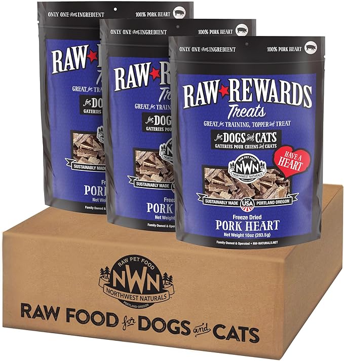 Northwest Naturals Raw Rewards Freeze-Dried Pork Heart Treats for Dogs and Cats - Bite-Sized Pieces - Healthy, 1 Ingredient, Human Grade Ingredients, All Natural, Made in USA, 10 Oz (Pack of 3)