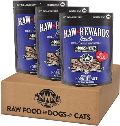 Northwest Naturals Raw Rewards Freeze-Dried Pork Heart Treats for Dogs and Cats - Bite-Sized Pieces - Healthy, 1 Ingredient, Human Grade Ingredients, All Natural, Made in USA, 10 Oz (Pack of 3)