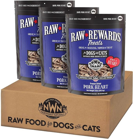 Northwest Naturals Raw Rewards Freeze-Dried Pork Heart Treats for Dogs and Cats - Bite-Sized Pieces - Healthy, 1 Ingredient, Human Grade Ingredients, All Natural, Made in USA, 10 Oz (Pack of 3)