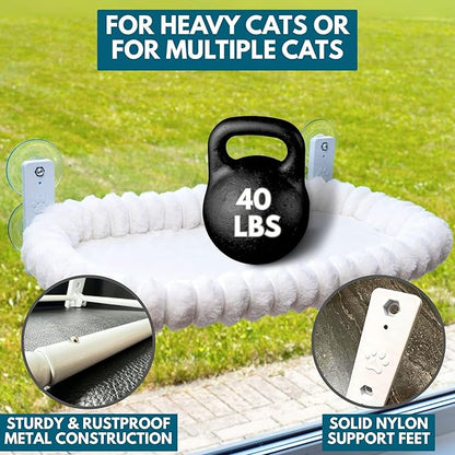 Cat Window Perch — Premium Cat Window Hammock with 4 Large Suction Cups & Soft Bubble Cushion; Strong Rustproof Metal Frame Window Bed Holding 40lbs; Easy Assembly Perch for Indoor Cats; White