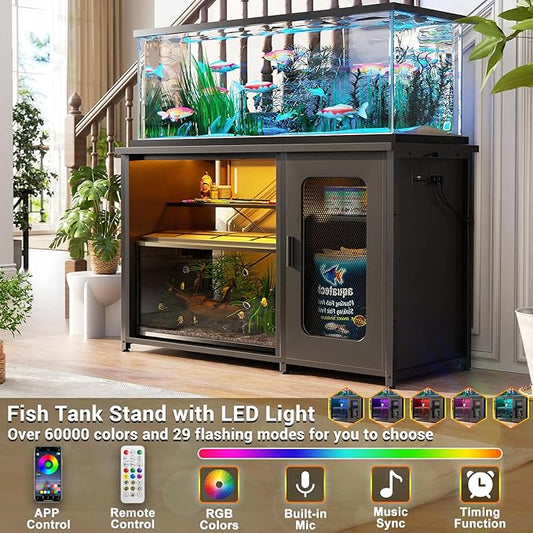 Unikito 55-75 Gallon Aquarium Stand with Power Outlets & LED Light, Reversible Fish Tank Stand with Cabinet for Fish Tank Accessories Storage, Heavy Duty Metal Frame, 880LBS Capacity, Black