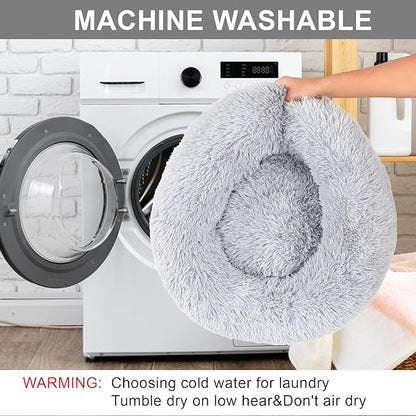 Dog Bed Calming Beds for Small Medium Dogs - Round Donut Washable Dog Bed, Anti-Slip Faux Fur Fluffy Donut Cuddler Anxiety Cat Bed(Light Grey 24")