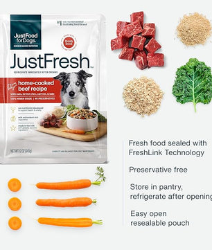 JustFoodForDogs JustFresh Home-Cooked Beef Dog Food with No Preservatives, Resealable Package, Human Grade Wet Dog Food, 12 oz - 7 Pack