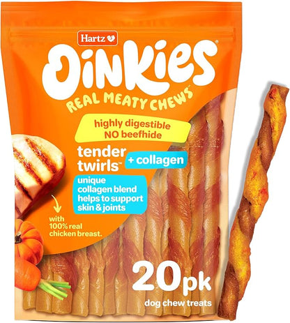 Hartz Oinkies Twirls + Collagen to Support Skin & Joints, Made with Real Chicken Breast, Highly Disgestible Dog Chews, 20 Count