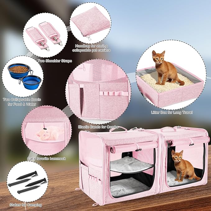 Suertree Cat Carrier for 2 Cats, Pet Travel Carrier with Litter Box for Cats and Small Dogs Up to 45 Lbs, Bowls, and Locking Zippers, Pink