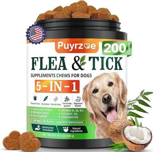 5-in-1 Dog Flea and Tick Treatment Chewable, Natural Flea and Tick Prevention for Dogs Chewable - Flea & Tick | Hip & Joint | Skin & Coat | Immunity Support | Digestive for All Breeds & Sizes