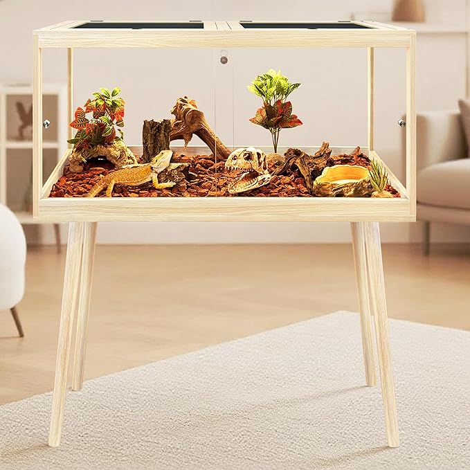 PROLEE Bearded Dragon Tank with Leg,Tempered Glass Lizard Tanks and Reptile Enclosure,Up to 78 Gallon Reptile Tank with Metal Mesh and Lockable Door for Snakes,Chameleon (Oak, 60Gallons,40inch)