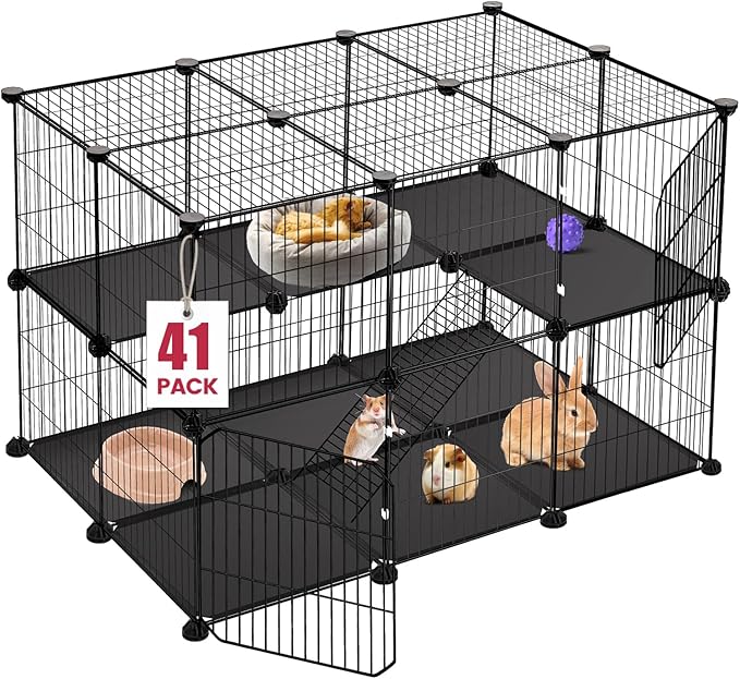 41 Panels Pet Playpen, 35.4" L x 23.6" W x 23.6" H Small Animal Playpen with 2 Doors, C&C Cage for Guinea Pigs,Rabbit,Bunny,Hedgehogs, Puppy Play Pen Indoor Outdoor, Two-Story Chicken Play Pen